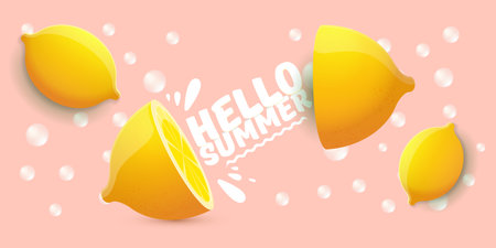 Vector Hello Summer Beach Party horizontal banner Design template with fresh lemon isolated on pink background. Hello summer concept label, flyer and poster with lemon fruit and typographic text.のイラスト素材