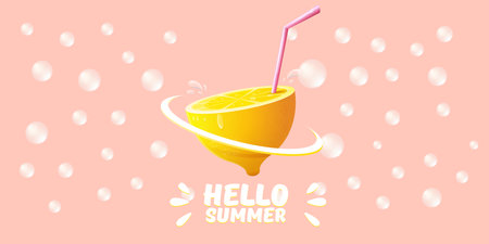 Vector Hello Summer Beach Party horizontal banner Design template with fresh lemon isolated on pink background. Hello summer concept label, flyer and poster with lemon fruit and typographic text.のイラスト素材