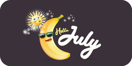 Hello July horizontal banner with cartoon sun and funky banana character isolated on grey background. Vector 3d clay horizontal hello July funny comic poster, flyer, banner and background.のイラスト素材