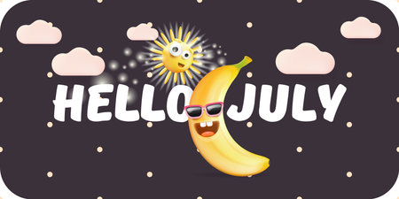 Hello July horizontal banner with cartoon sun and funky banana character isolated on grey background. Vector 3d clay horizontal hello July funny comic poster, flyer, banner and background.のイラスト素材