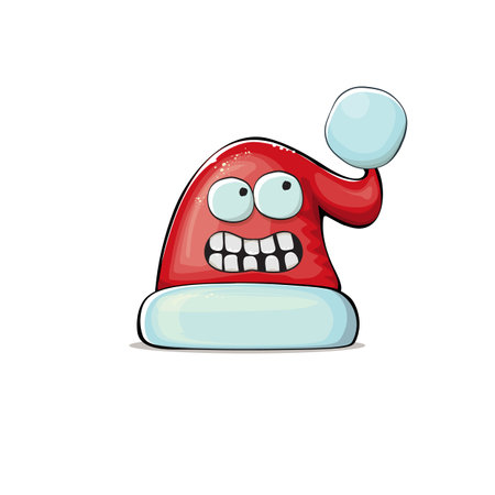 Vector cartoon Santa Claus red hat with smile face isolated on white background. Childrens Merry Christmas greeting card with funny monster Santa hat. Santa red hat character isolatedのイラスト素材