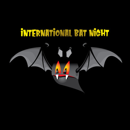 International bat night banner or poster with cartoon bat on black night background. International bat night Vector illustrationのイラスト素材