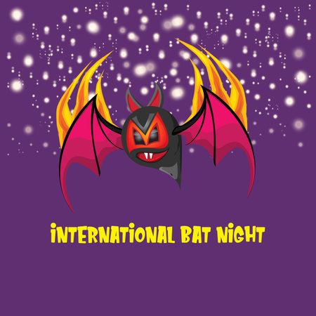 International bat night banner or poster with cartoon bat on violet night sky background. International bat night Vector illustrationのイラスト素材