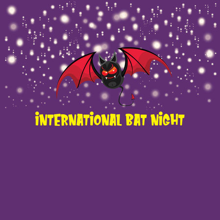 International bat night banner or poster with cartoon bat on violet night sky background. International bat night Vector illustrationのイラスト素材