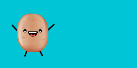 vector funny cartoon cute tiny brown smiling potato character isolated on horizontal turquoise banner background. Funky Potato with smiling face. vegetable funky characterのイラスト素材