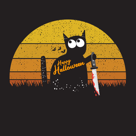 Happy halloween greeting card or banner with Black cat holding knife isolated on vintage sun background. Funny Halloween black cat holding a bloody knife. Halloween concept illustrationのイラスト素材