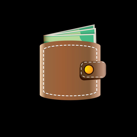 vector brown wallet with green paper dollars money isolated on black button background. finance mobile app or mobile banking icon, label and sign design template. Wallet with money top viewのイラスト素材