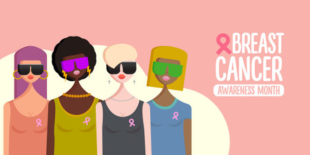 Breast cancer awareness month for disease prevention campaign and diverse ethnic women group together with pink breast awareness ribbon vector flat concept illustration. October awareness monthのイラスト素材