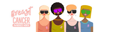 Breast cancer awareness month for disease prevention campaign and diverse ethnic women group together with pink breast awareness ribbon vector flat concept illustration. October awareness monthのイラスト素材