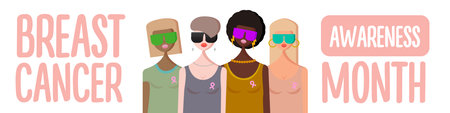Breast cancer awareness month for disease prevention campaign and diverse ethnic women group together with pink breast awareness ribbon vector flat concept illustration. October awareness monthのイラスト素材