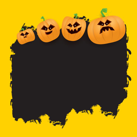 Halloween web black grunge Banner or poster with Halloween scary pumpkins isolated on orange background . Funky kids Halloween orange banner with space for greeting text or saleのイラスト素材