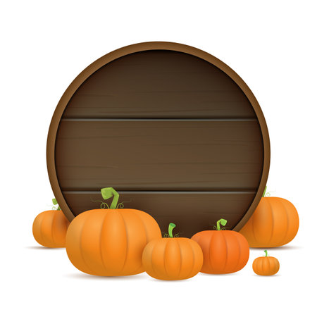 autumn round wooden sign with vector orange pumpkins isolated on white background. Creative Design template for farm market banners and thanksgiving day backgrounds with pumpkins frameのイラスト素材