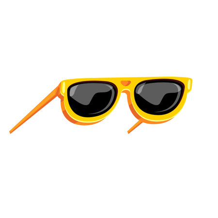 Yellow sunglasses with black lens isolated on white background. Cartoon funny kids orange summer sunglasses icon, label and sign. Cool hipster Sunglasses vector graphic illustrationのイラスト素材