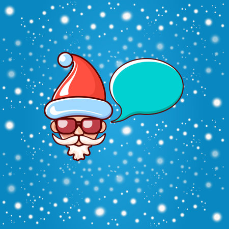 Santa Claus head with Santa red hat and hipster sunglasses and speech bubble isolated on blue snowy background. Santa Claus label or sticker design. Christmas greeting card templateのイラスト素材