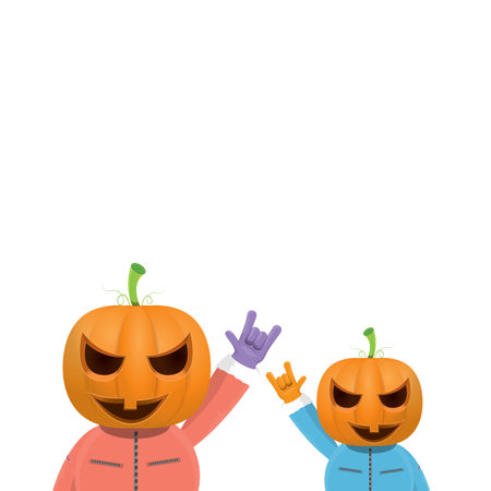 Man in halloween costume with pumpkin mask isolated on white background. Happy Halloween rock n roll party background and poster design template with funny Halloween cartoon character.のイラスト素材