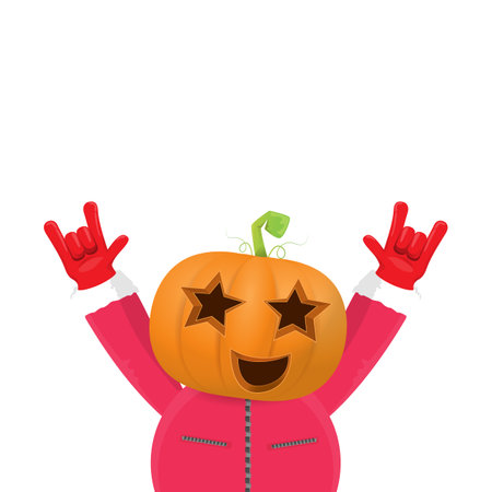 Man in halloween costume with pumpkin mask isolated on white background. Happy Halloween rock n roll party background and poster design template with funny Halloween cartoon character.のイラスト素材