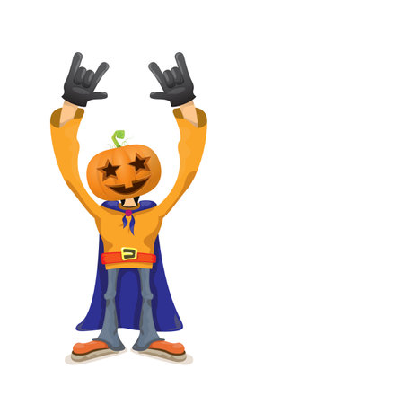 Man in halloween costume with pumpkin mask isolated on white background. Happy Halloween rock n roll party background and poster design template with funny Halloween cartoon character.のイラスト素材