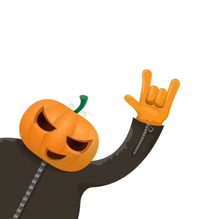 Man in halloween costume with pumpkin mask isolated on white background. Happy Halloween rock n roll party background and poster design template with funny Halloween cartoon character.のイラスト素材
