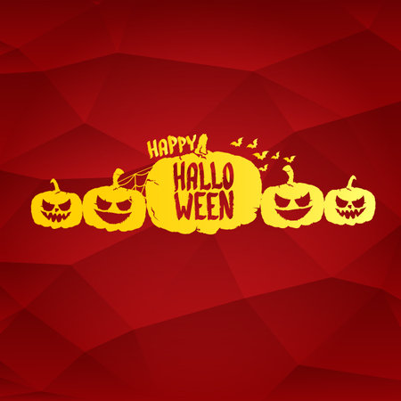 Happy Halloween golden text Banner or label. Vector halloween calligraphic text label with scary pumpkin isolated on red background. Halloween banner design templateのイラスト素材