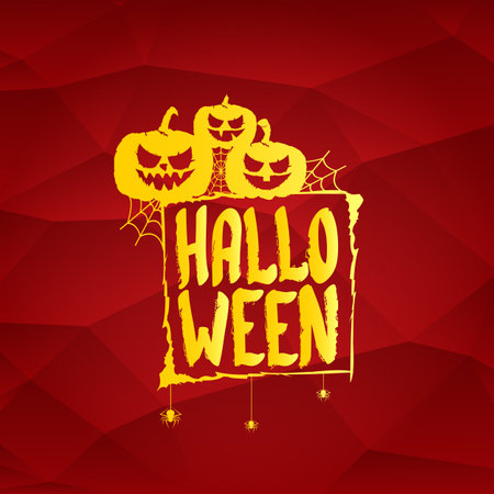 Happy Halloween golden text Banner or label. Vector halloween calligraphic text label with scary pumpkin isolated on red background. Halloween banner design templateのイラスト素材