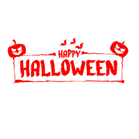 Happy Halloween text banner design template with scary halloween pumpkin isolated on white background. Red Halloween party lettering logo, label, sticker, poster and banner designのイラスト素材