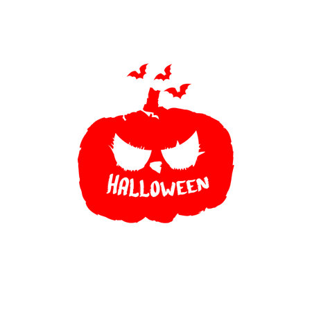 Happy Halloween text banner design template with scary halloween pumpkin isolated on white background. Red Halloween party lettering logo, label, sticker, poster and banner designのイラスト素材