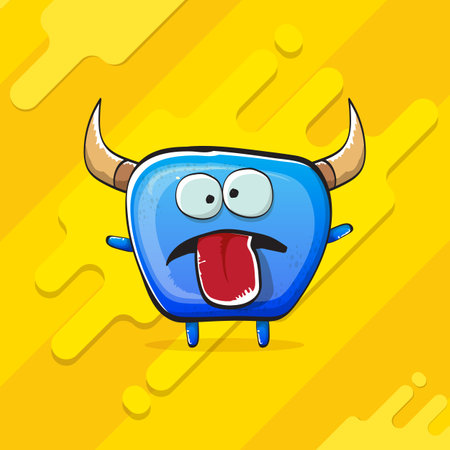 Vector cartoon funky blue monster with horn isolated on yellow background. Smiling silly blue monster print sticker design template. Ghost, troll, gremlin, goblin, devil and monsterのイラスト素材