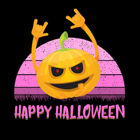vector Halloween funky rock n roll style cartoon carved pumpkin character isolated on sunset background. Happy halloween party concept posterのイラスト素材