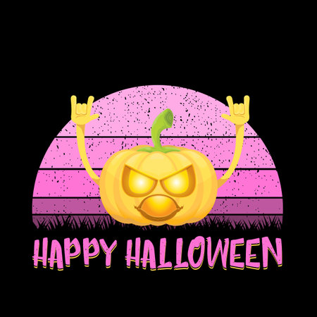 vector Halloween funky rock n roll style cartoon carved pumpkin character isolated on sunset background. Happy halloween party concept posterのイラスト素材