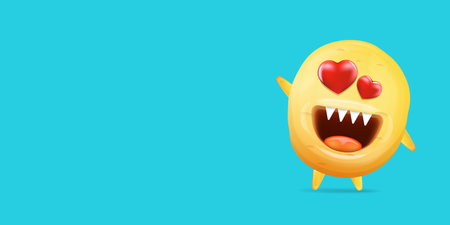 Vector cartoon funny yellow alien monster with heart eyes isolated on blue background. Silly monster print sticker design template. Cute Ghost, troll, gremlin, goblin, devil and halloween monsterのイラスト素材