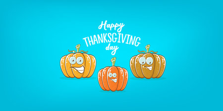 Funny Thanksgiving day horizontal banner with vector funny cartoon cute smiling friends pumpkins isolated on cyan background. Thanksgiving day cute banner and label design template with pumpkinsのイラスト素材