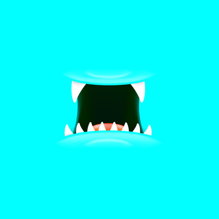 Vector Cartoon open mouth with fangs isolated on cyan background. Funny and cute cyan funny Halloween Monster open mouth with big vampire fangs. jaws and mouth of the beast cartoon illustrationのイラスト素材