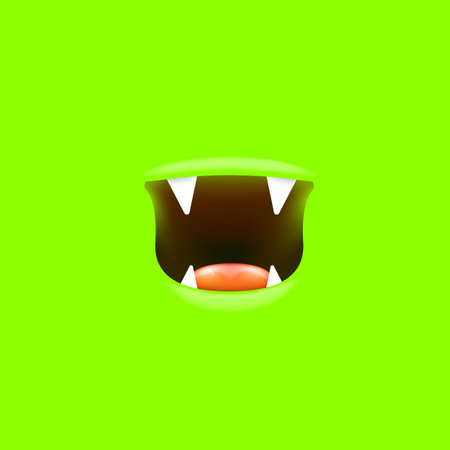 Vector Cartoon open monster shark mouth isolated on green screen background. Funny and cute Halloween Monster open mouth with big vampire fangsのイラスト素材