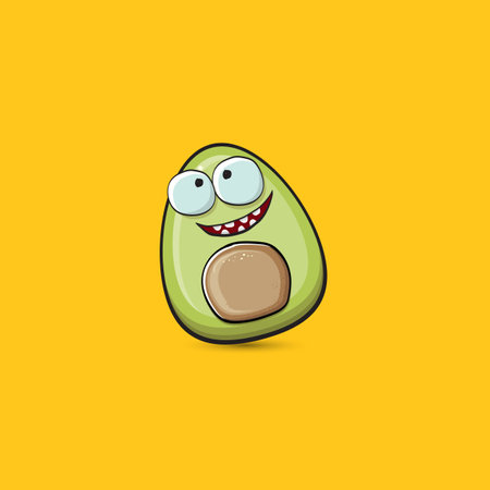 funny cartoon cute tiny avocado character isolated on orange background. My name is avocado vector concept. vector healthy summer funky avocado fruit characterのイラスト素材