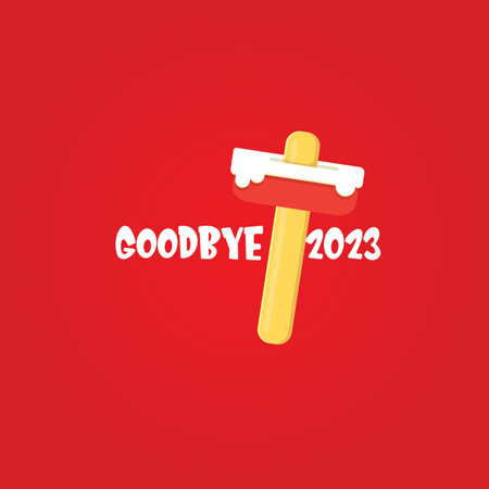 vector goodbye 2023 hello 2024 year vector concept illustration with melt ice cream isolated on red background. End of the 2023 year background or posterのイラスト素材