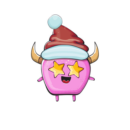 Vector cartoon funky pink monster with Santa Claus red hat isolated on white background. Funny and cute Childrens Merry Christmas greeting card with funny PINK monster elf Santa Claus character.のイラスト素材