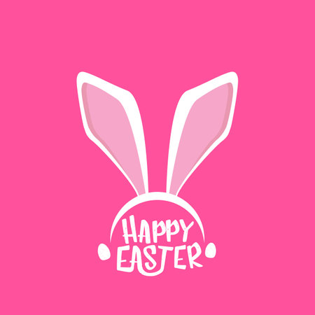 Vector happy easter greeting card with white easter bunny funky mask with rabbit ears and easter text isolated on pink background.のイラスト素材