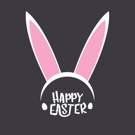 Vector happy easter greeting card with white easter bunny funky mask with rabbit ears and easter text isolated on grey background.のイラスト素材