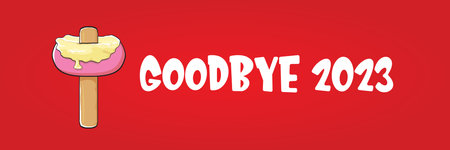 vector goodbye 2023 hello 2024 year vector concept illustration with melt ice cream isolated on horizontal red background. End of the 2023 year horizontal banner background or posterのイラスト素材