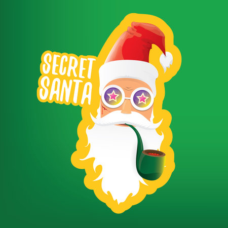 vector secret santa claus with sunglasses label or sticker isolated on green background. Secret santa gift ideas concept illustrationのイラスト素材