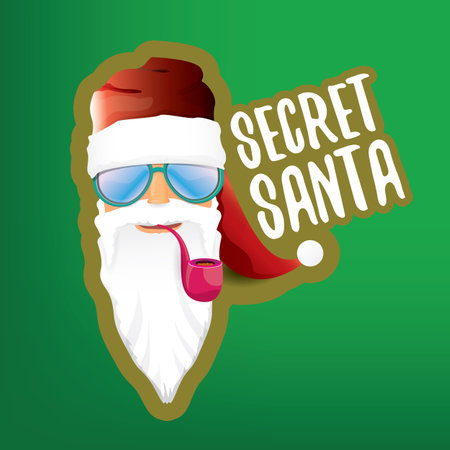 vector secret santa claus with sunglasses label or sticker isolated on green background. Secret santa gift ideas concept illustrationのイラスト素材