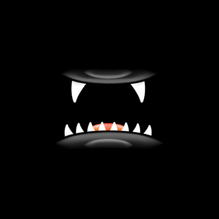 Vector Cartoon open mouth with fangs isolated on black background. Funny and cute black funny...