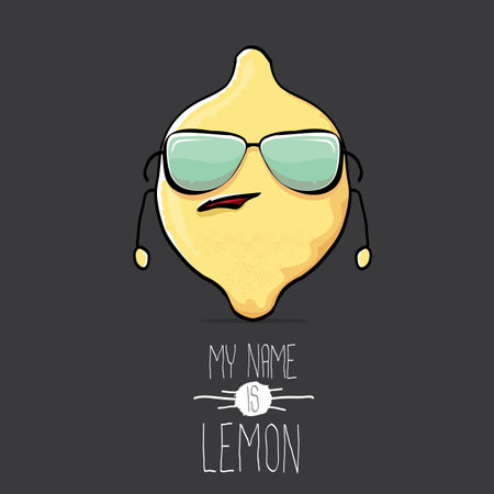 vector funny cartoon cute yellow lemon character isolated on grey background. My name is lemon concept illustrationのイラスト素材