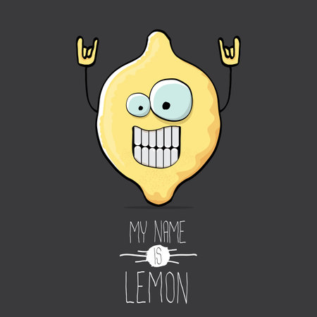 vector funny cartoon cute yellow lemon character isolated on grey background. My name is lemon concept illustrationのイラスト素材