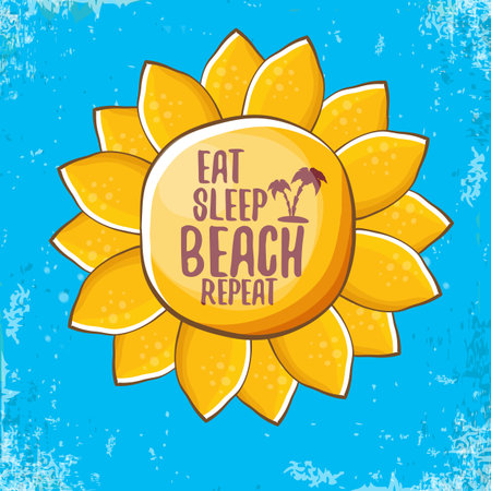 Eat sleep beach repeat vector concept illustration or summer poster. vector funky cartoon sun label with funny slogan for print on tee. Yellow cartoon sun isolated on blue sky backgroundのイラスト素材