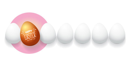 Happy easter horizontal banner with colorful golden egg and white eggs flat lay on white transparent background. Vector Happy easter creative concept illustrationのイラスト素材