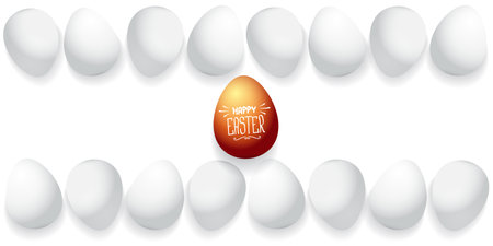 Happy easter horizontal banner with colorful golden egg and white eggs flat lay on white transparent background. Vector Happy easter creative concept illustrationのイラスト素材