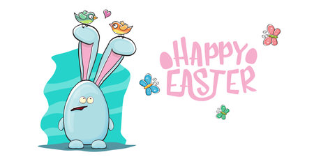 Happy easter greeting card with funny cartoon smiling blue bunny isolated on white. Easter hand...