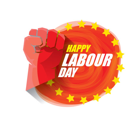 1 may Happy labour day vector label with strong protest fist in the air on vintage red watercolor stricket background. vector happy labor day background or banner with man hand. workers may day posterのイラスト素材