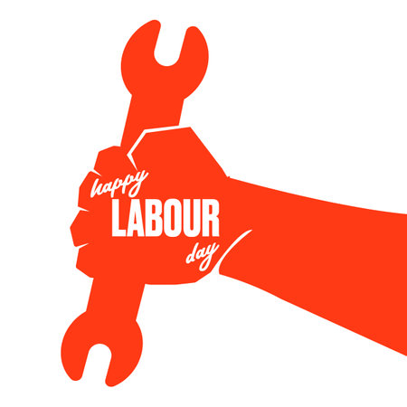 Vector silhouette of red clenched fist holding wrench isolated on white background. Labour day and international workers day poster, label, greeting card with hand. 1 may logo design templateのイラスト素材